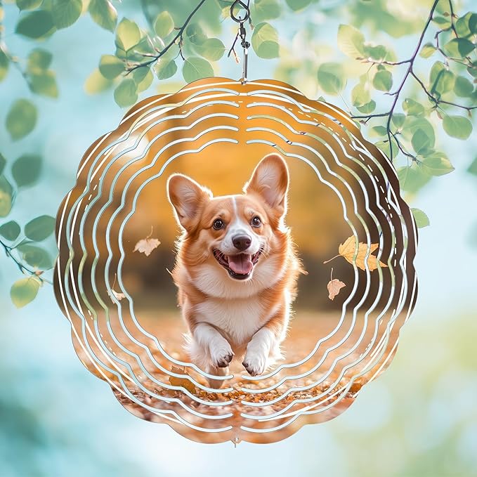 Pet Dog Wind Spinners Outdoor, Hanging Wind Spinner for Garden Decoration, 8 inch 3D Stainless Steel Metal Wind Sculpture for Indoor/Outdoor Decor