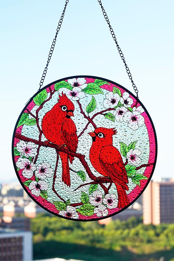 Stained Glass Window Hanging, Suncatcher (Cardinal, 7.8 Inch)