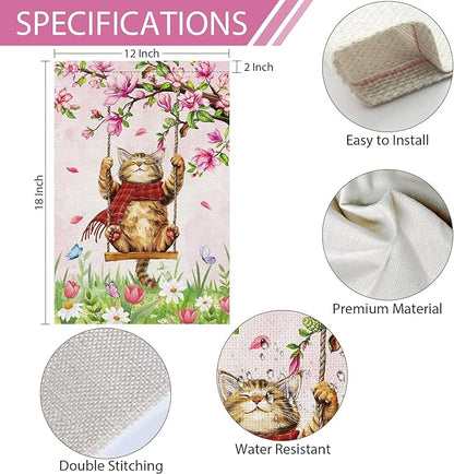Heyfibro Spring Cute Cat Welcome Garden Flag 12x18 Inch Double Sided Burlap Butterfly Floral Yard Flag for Seasonal Holiday Farmhouse Outdoor Decor(ONLY FLAG)