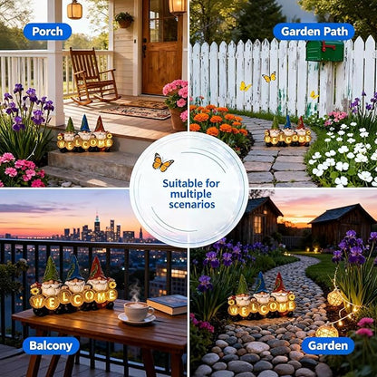 Garden Gnomes Solar Powered Welcome Statue, Outdoor Patio Yard Decor, Durable Resin, for Mom/Grandma, Anniversary & Easter Gifts for Women/Grandkids, Perfect for Spring Gardening