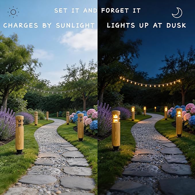 Solar Pathway Lights, 4 Pack LED Solar Lights Outdoor Waterproof, Wood-grain Color Style, Warm Yellow Light Auto On/Off, Solar Pathway Lights for Your Garden, Landscape, Path, Yard, Walkway Decor