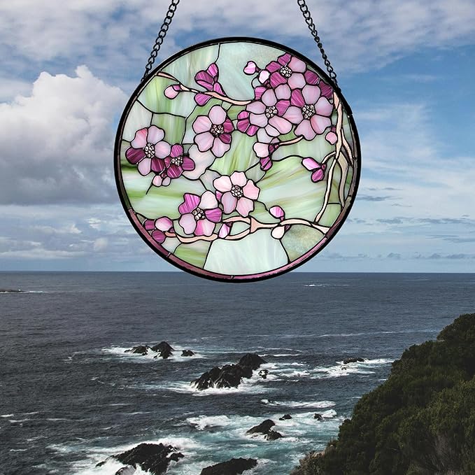 Stained Glass Window Hanging 4 Pcs Set Tulips Plum Flower Daffodils Hyacinths Large 15" - Suncatcher Door Garden Sun Catcher Decor Birthday Mother's Day for Mom Woman Nana