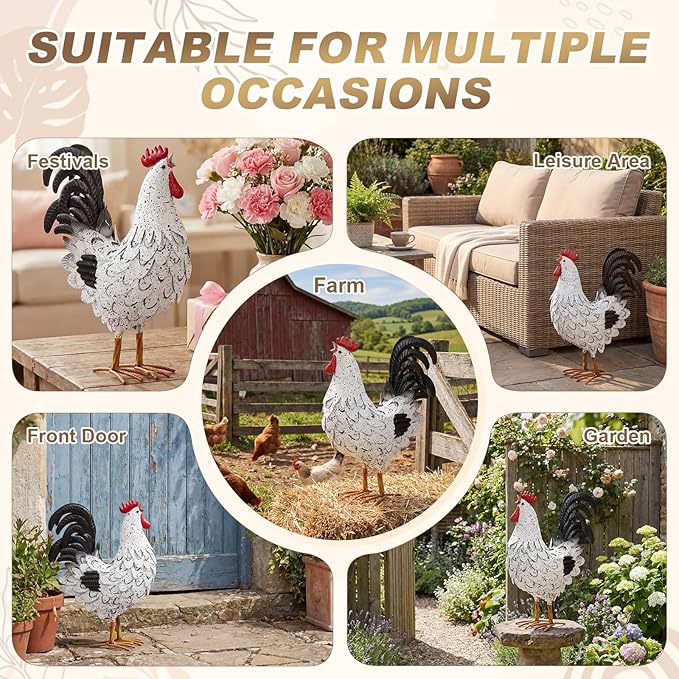 Zhengmy Metal Rooster Garden Statue Lifelike Colorful Metal Rooster Yard Decor Hand-Painted Iron Chicken Sculpture for Patio Lawn Backyard Farmhouse Outdoor Indoor Decoration(White and Black)