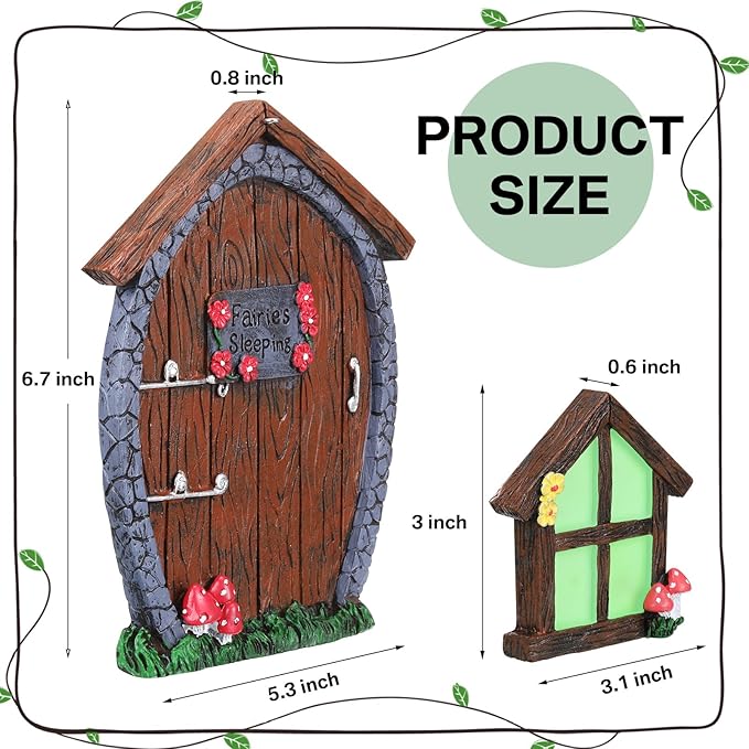 Syhood Fairy Door and Window Miniature Summer Home with Lamp Room Wall and Trees Outdoor Glow in Dark Fairies Sleeping Yard Art Garden Sculpture Patio Lawn Decor Ornament Gift(Stone Style)