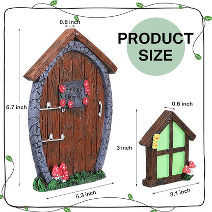 Syhood Fairy Door and Window Miniature Summer Home with Lamp Room Wall and Trees Outdoor Glow in Dark Fairies Sleeping Yard Art Garden Sculpture Patio Lawn Decor Ornament Gift(Stone Style)