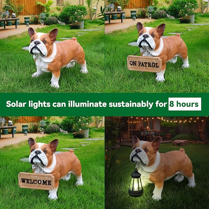 Outdoor French Bulldog Dog Statue with Interchangeable Welcome Sign and Detachable Solar Lantern –LED Light Garden Dog Sculpture Décor, Cute Puppy Design for Yard, Porch, Gift