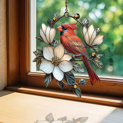 Vivid Cardinal Floral Tiffany Acrylic Suncatcher Stained Glass Effect Window Car Hanging Christmas Ornament Indoor Outdoor Decor Garden Sun Catcher Panel for Cardinal Lover for Women Mom Grandma