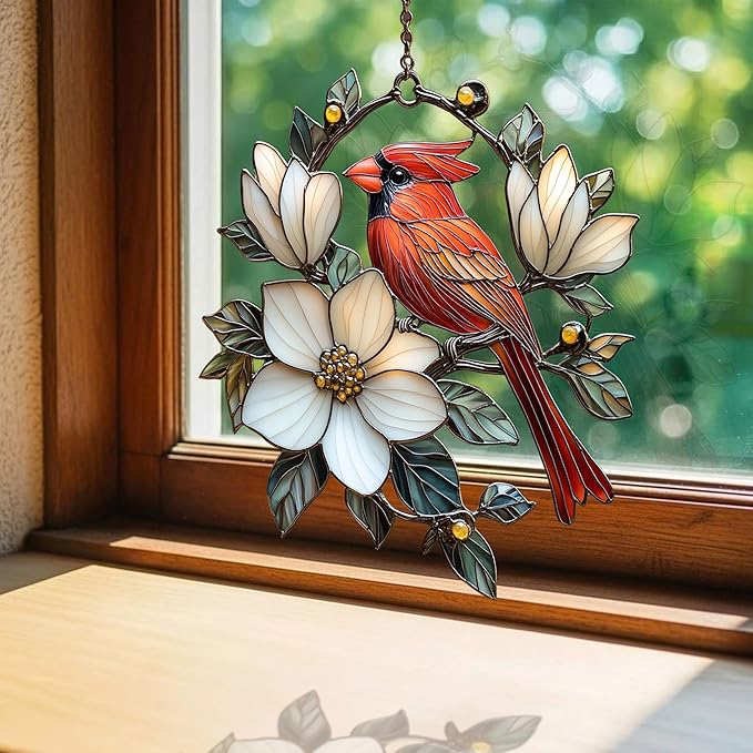Vivid Cardinal Floral Tiffany Acrylic Suncatcher Stained Glass Effect Window Car Hanging Christmas Ornament Indoor Outdoor Decor Garden Sun Catcher Panel for Cardinal Lover for Women Mom Grandma