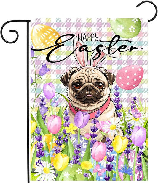 Happy Easter Dog Garden Flag Pug Spring Flags Buffalo Plaid Bunny Eggs Yard Flag for Outside 12x18 Double Sided Small Decorative Floral Outdoor Flag