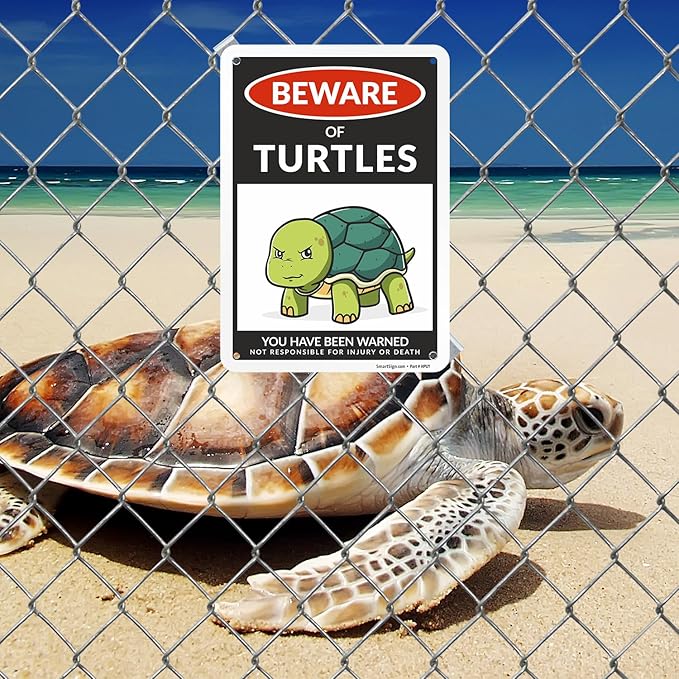 SmartSign Funny Beware Of Turtles Warning Sign - 10"x7", 40 mil Laminated Rust-free Aluminum - Metal Signs for Tank Accessories Decor, Outdoors, Patio, Man Cave, Gifts - Turtles Theme, Made in USA