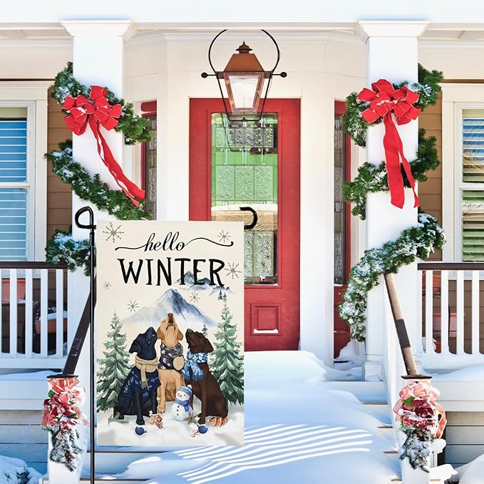 Hello Winter Garden Flag Double Sided Dog Retriever Retrievers Snowflake Burlap Yard Flag Rustic Farmhouse UV Fade Resistant Snow Man Small Garden Flags Front Porch Lawn Outdoor 12x18 Inch