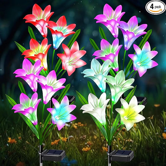 ostritec Solar Lights Outdoor Waterproof, 4 Pack Garden Decor Lights, 16 Multi-Color Changing Lily Solar Flowers for Yard Patio Pathway Decor, Gifts for Women Mom (4 Pack)