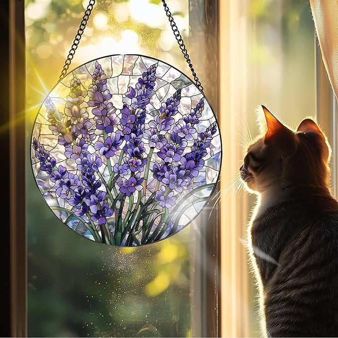 VAIIEYO Lavender Sun Catcher Stained Glass Window Hanging Ornament, Handmade Sun Catcher Flower Decoration with Hooks for Window Garden Home, Mother's Day & Birthday Housewarming Gift (7.8 inch)