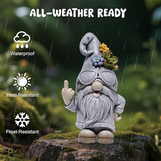 basen Funny Garden Gnome Statue, Resin Outdoor Lawn Yard Decor, Cool Sunglasses Gnome Figurine with Succulent Hat Accent, Weatherproof Patio Porch Backyard Decoration, Unique Gift Idea