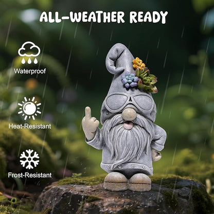 basen Funny Garden Gnome Statue, Resin Outdoor Lawn Yard Decor, Cool Sunglasses Gnome Figurine with Succulent Hat Accent, Weatherproof Patio Porch Backyard Decoration, Unique Gift Idea
