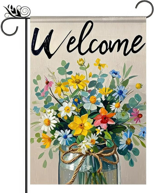 BlissYard Spring Garden Flag Double Sided 12x18 Inch Flowers Glass Barrel Seasonal Welcome Small Flags For Outside Outdoor Decor Yard Farmhouse Holiday Spring Summer Decorations Yard Flags