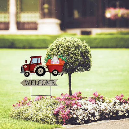Vintage Metal Truck Yard Stake with Seasonal Sign Loads Metal Easter Welcome Sign for Outdoor Merry Christmas 4th of July Fall Harvest Spring Easter Garden Lawn Pathway Decor