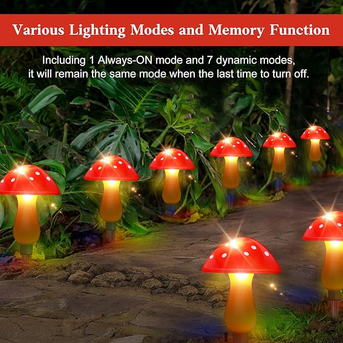 ReyeeInc Mushroom Solar Lights Outdoor Waterproof, Whimsical and Cute Solar Mushrooms Stake Lights for Outside with 8 Lights and 8 Modes for Fariy Garden Yard Lawn Path Planter Flower Bed Decor (Red)