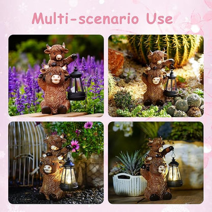 Solar Highland Cow Garden Decor - Resin Cow Statue with Solar Lantern Outdoor Yard Patio Decor - Ideal Gifts for Women,Mom Men (Copper)