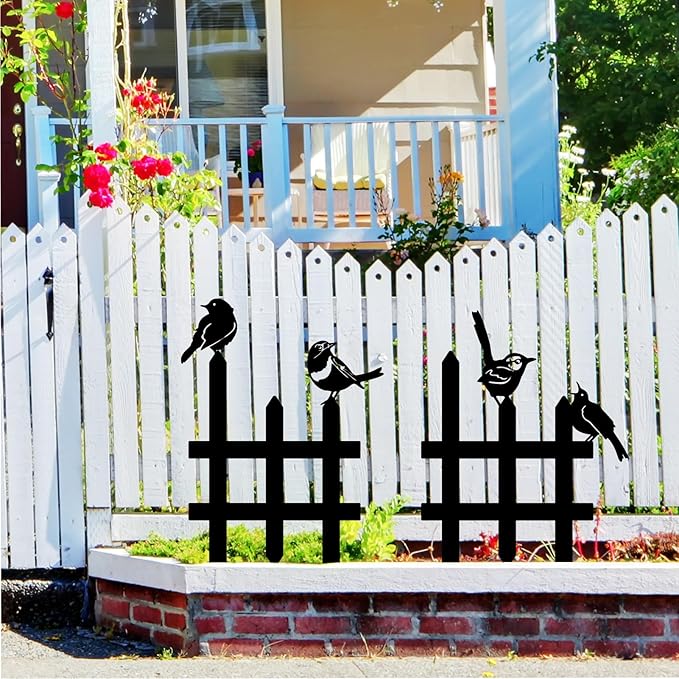 3 Pcs Small Garden Fence with 6 Pieces Birds Decoration, Rustic Garden Decor, Insert Lawn Picket Fence Garden Borders Decorative for Landscape Path Flowerbeds Plant Yard, Outdoor Sculptures Art