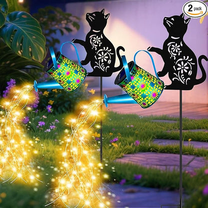 Black Cat Solar Watering Can Lights, Birthday Gifts for Women Mom Christmas, Yard Decorations Outdoor Waterproof, Blue Metal Hanging Lantern Solar Lights Garden Decor Patio Pathway, 2 Pack