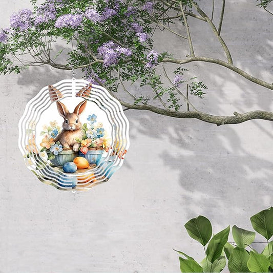 Easter Bunny Wind Spinner Easter Day Gifts 3D Metal Kinetic Hanging Wind Sculpture Spinners for Yard and Garden Indoor Outdoor Window Easter Rabbit Yard Art Garden Decoration 8 Inch (Bunny 3)
