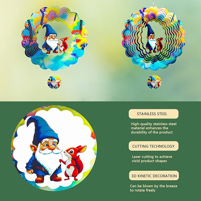Gnome Gifts for Women, Gnomes Hanging Wind Spinners,12 Inch 3D Garden Spinner Kinetic Art Garden Decorations，Stainless Steel Reflective Wind Spinners for Yard