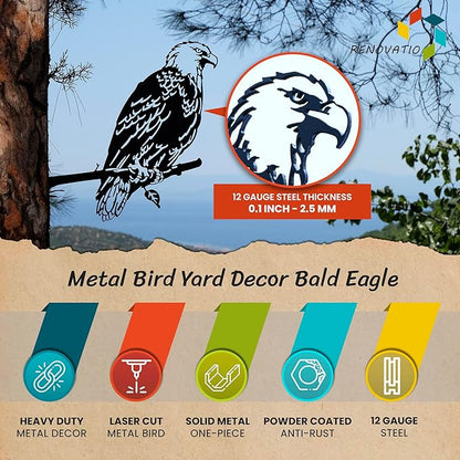 Renovatio Metal Bald Eagle Yard Decor – Majestic Bird Decoration, Metal Bird Decoration, Outdoor Tree Ornaments – Ideal for Dad, Uncle, or Grandfather – A Remarkable Outdoor Yard Decor – Black