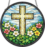 Cross Flower Stained Suncatcher, 8" Round Christian Glass Window Hanging with Metal Chain, Religious Decorative Glass Art for Home Garden, Faith Gift for Mom Grandma