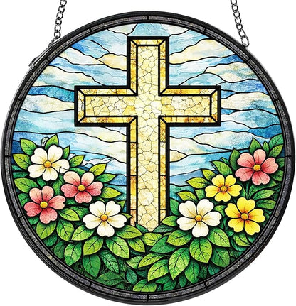 Cross Flower Stained Suncatcher, 8" Round Christian Glass Window Hanging with Metal Chain, Religious Decorative Glass Art for Home Garden, Faith Gift for Mom Grandma