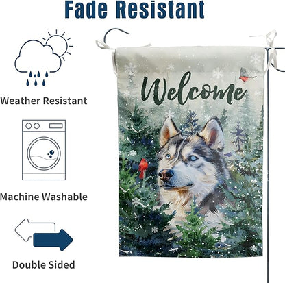 Welcome Winter Garden Flags Husky Garden Flag Cardinal Birds on Snowy Pine Tree Flag Dog Yard Flags for Outside 12x18 Double Sided Christmas Decorative