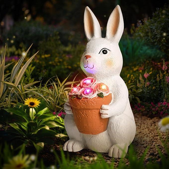 Brightever Solar Powered Outdoor Garden Statues- Rabbit with Flowers and 5 Colorful LED Lights, 11.8IN Outdoor Figurine Lights, Solar Garden Bunny Statue for Mom, Women, Female