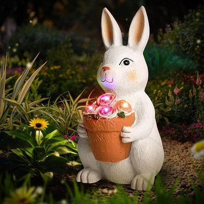 Brightever Solar Powered Outdoor Garden Statues- Rabbit with Flowers and 5 Colorful LED Lights, 11.8IN Outdoor Figurine Lights, Solar Garden Bunny Statue for Mom, Women, Female