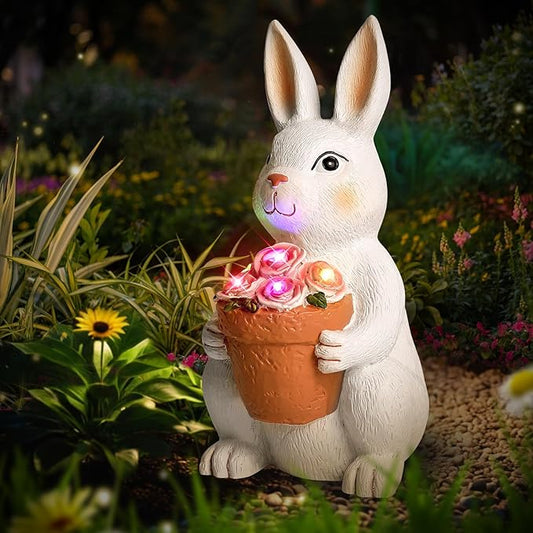 Brightever Solar Powered Outdoor Garden Statues- Rabbit with Flowers and 5 Colorful LED Lights, 11.8IN Outdoor Figurine Lights, Solar Garden Bunny Statue for Mom, Women, Female