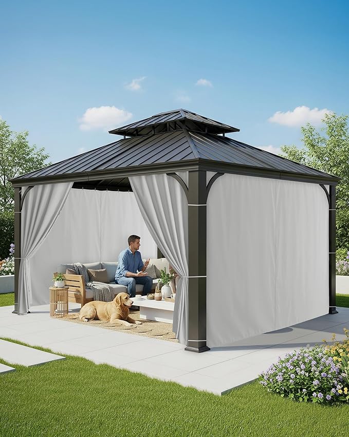 Outdoor Curtains Patio Waterproof - 10'Wx10'Lx7'H Weatherproof Pergola Outside Curtains, Gazebo Universal Replacement Privacy Curtains, 4 Panels Sidewall Drapes with Zipper, Silver
