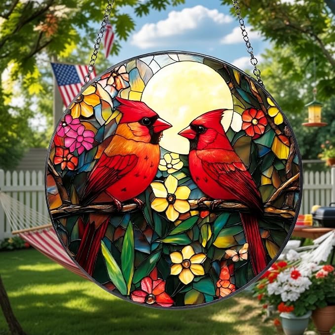 Cardinal Stained Glass Suncatcher - Red Bird Sun Catcher, Painted Glass Panel Decor, Sun Catchers Indoor Window, Gift for Bird Lovers, Mom, Grandma, 6.31IN