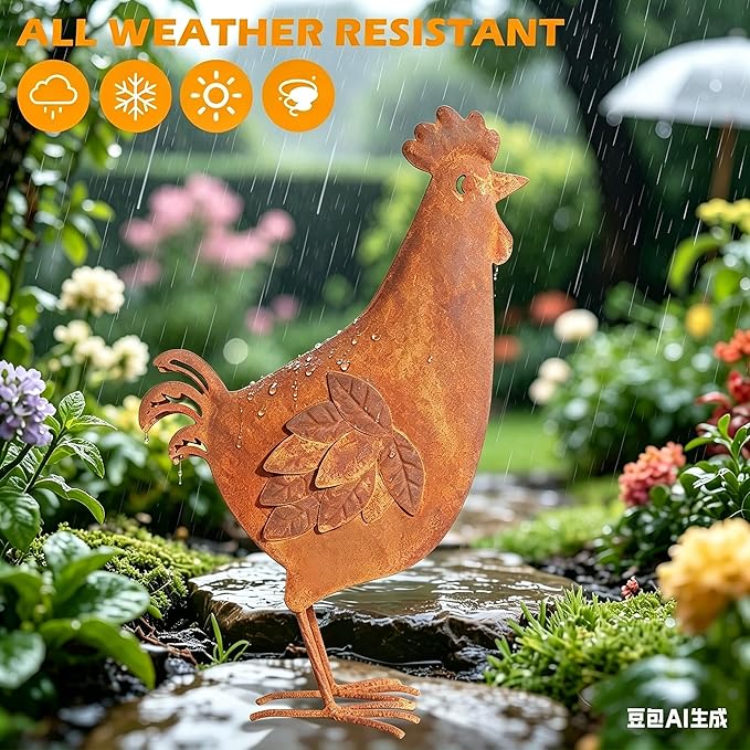 Metal Rooster Garden Decor for Outside, 17.3" Rusty Chicken Outdoor Decor for Patio Lawn Backyard, Decoration Yard Art Animal Ornaments Vintage Rustic Chicken Figurine Sculptures Statues
