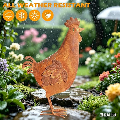 Metal Rooster Garden Decor for Outside, 17.3" Rusty Chicken Outdoor Decor for Patio Lawn Backyard, Decoration Yard Art Animal Ornaments Vintage Rustic Chicken Figurine Sculptures Statues