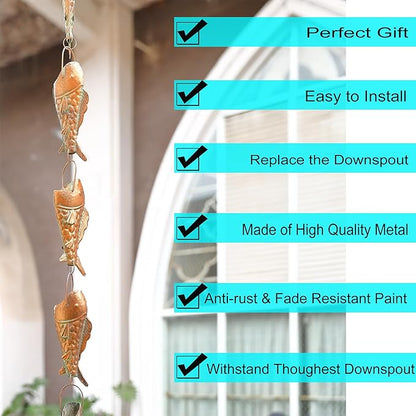 Copper Patina Rain Chain with Rainbow Trout for Heavy Rain, Functional and Decorative Replacement Downspout Chain for Outside, Rain Catcher Chain for Gutters, 8.5FT
