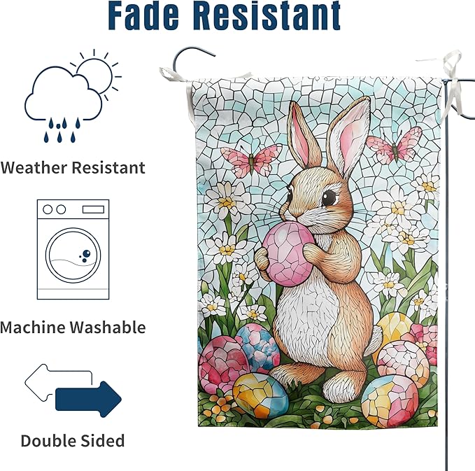 Easter Bunny Garden Flag for outside 28x40 Double Sided Stained Glass Rabbit Flag Easter Egg House Flag Lily Spring Outdoor Flag Large