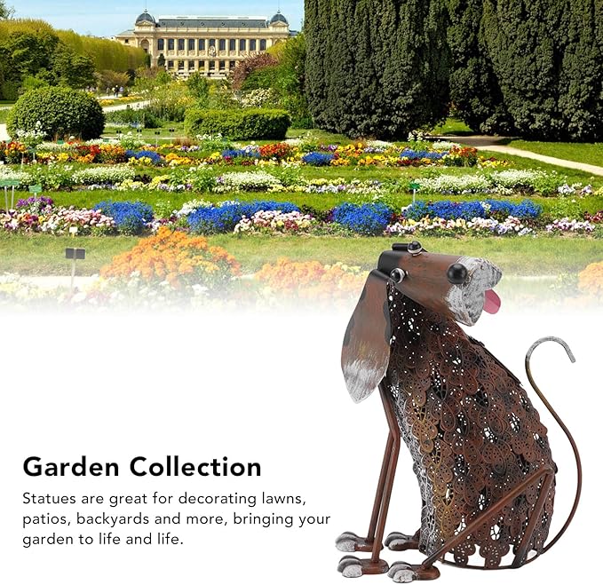Tefola Garden Decor, Dog Statue Iron Retro Waterproof Vivid Shape Garden Decoration with Solar Powered LED Light for Courtyard