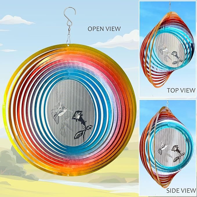 Aoedelyart 3D Animations Hummingbird Wind Spinner for Yard and Garden,12In Metal Wind Spinners Hummingbird Gift for Women Mom Grandma Wife,Outdoor Garden Decor Hanging Kinetic Yard Art Wind Sculpture