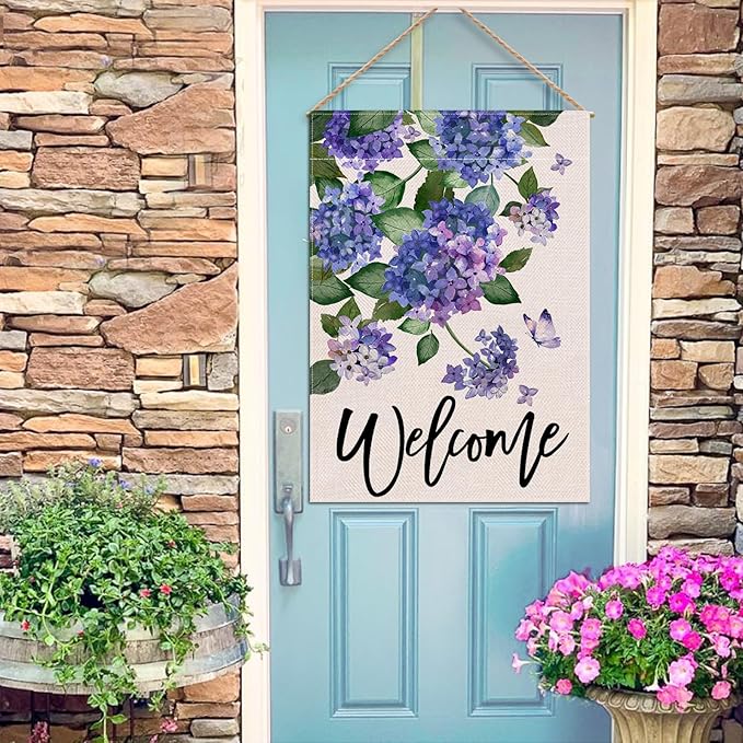 Welcome Spring Hydrangea Decorative House Flag, Purple Floral Flowers Butterfly Garden Yard Outside Decorations, Summer Farmhouse Outdoor Large Home Decor Double Sided 28 x 40
