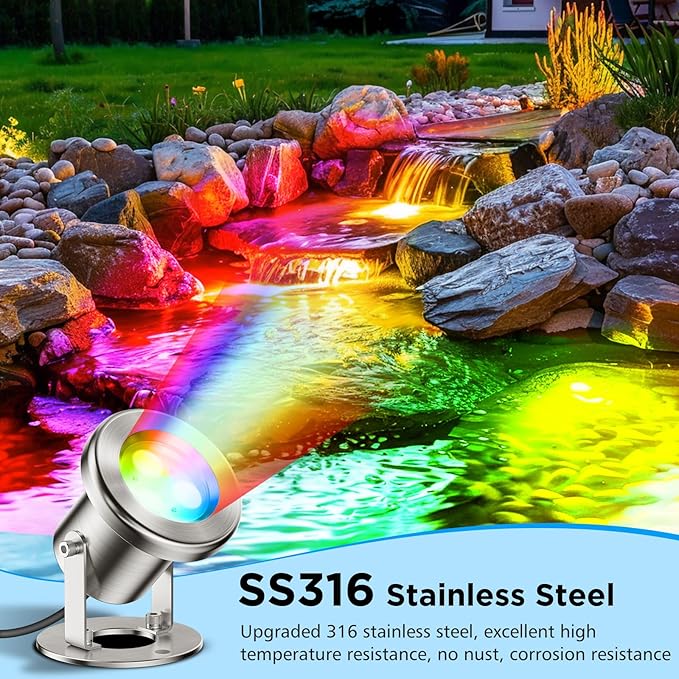 LyLmLe LED Pond Lights with APP Control, 6W SS316 Stainless Steel RGB Underwater Fountain Light with 12V Transformer, IP68 Waterproof Outdoor Underwater Lights for Pond Waterfall, Black Wire(4-Spots)