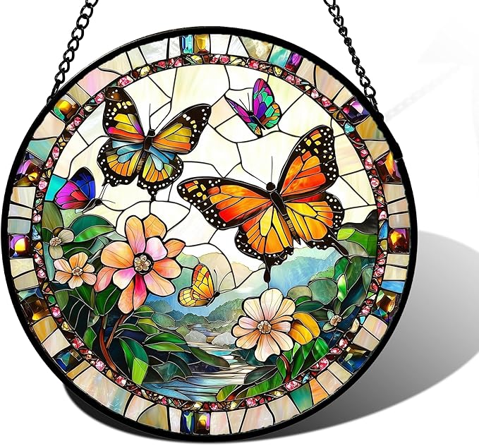 DASTOLL Stained Glass Window Hanging, Butterflies Flying in The Sky Suncatcher for Doors Home Sun Catchers Decoration and Christmas, Mother's Day Birthday Gifts for Women, Men, and Mom 7.8 in
