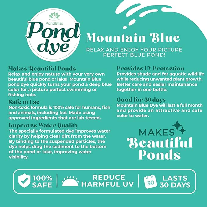 Mountain Blue Pond Dye, Fish Safe 1 Acre Concentrate for Koi, Ornamental and Livestock Ponds - 1 Quart Liquid Dye (32oz)