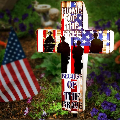DoubleFill Memorial Day Cross Garden Stake Patriotic Solar Lighted Home of Free Memorial Solar Outdoor Yard Decorations Light up Night Cross Stake Decor for 4th of July Independence Day