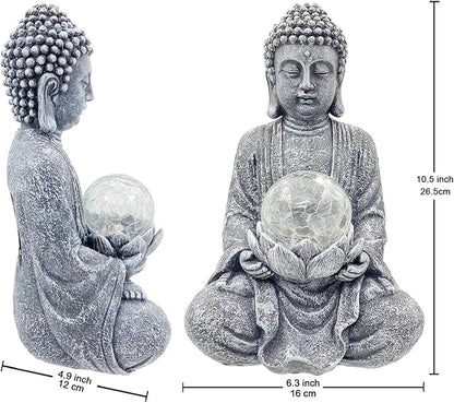 Nacome Meditating Buddha Statue with Solar Light,Zen Solar Garden Buddha with Cracked Glass Ball Sculpture-Indoor/Outdoor Decor for Balcony,Garden,Patio,Porch Yard Art Ornament,Gift