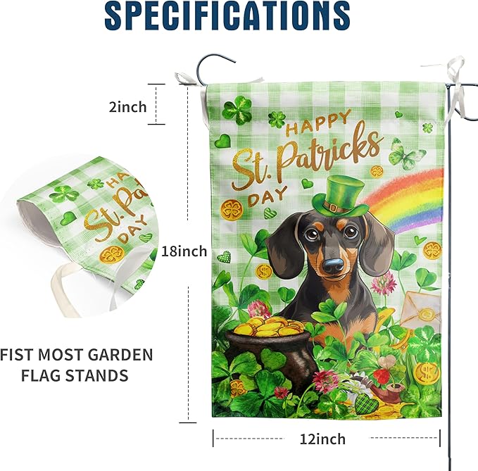 Dachshund St Patricks Day Garden Flag Dog St Patrick's Day Yard Flags for Outside 12x18 Double Sided Buffalo Plaid Shamrock Flag Small Outdoor Rainbow St Patrick's Decor