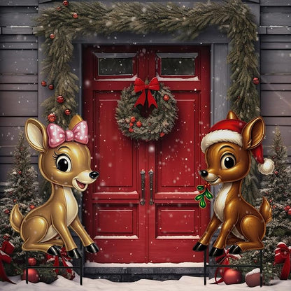 Moxweyeni 2 Pcs Outdoor Reindeer Christmas Decoration Cute Deer Sign Large Metal Reindeer Yard Sign with Stakes Christmas Farmhouse Deer Figurines for Lawn Garden Holiday Display